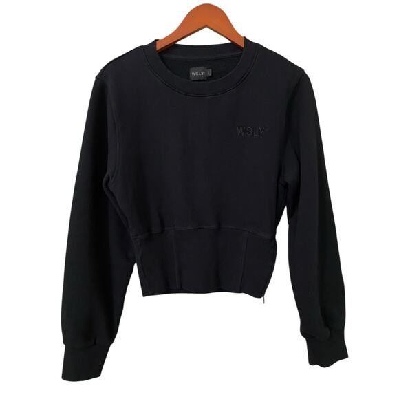 WSLY Eco Fleece Ribbed Bodice Crew Neck Sweatshirt Medium Black Crop Athleisure - Picture 5 of 13